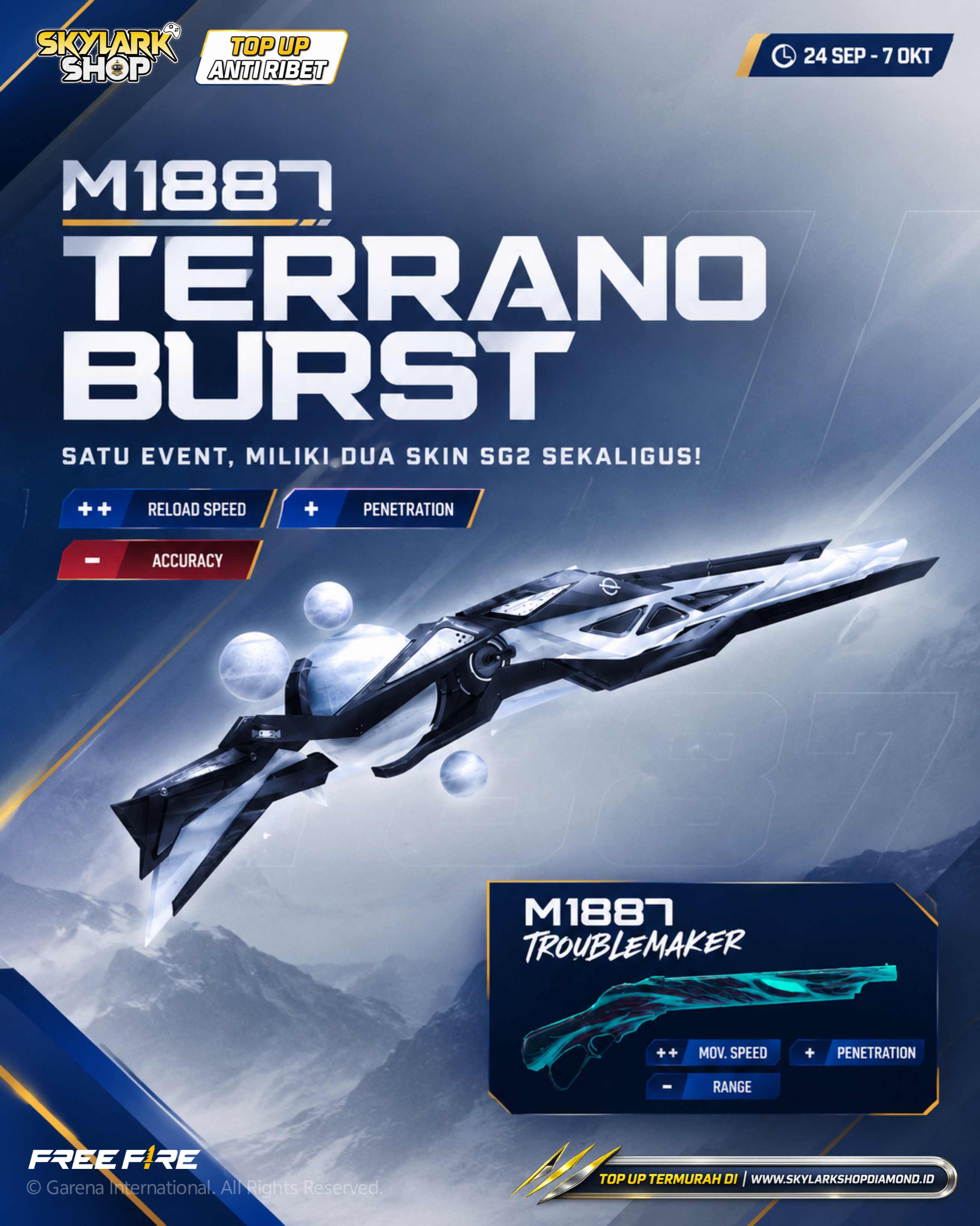 Event M1887 Terrano Burst & Troublemaker Free Fire: Dua Skin SG2 dalam Satu Event (24 Sep - 7 Okt)
